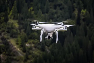 White Quadcopter Drone Over Evergreen Forest