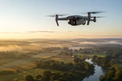 Drone Hovering Above Rural Landscape at Dawn