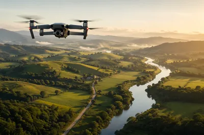 Drone Hovering Over Golden Hour Farmland