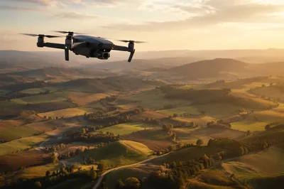 Drone Hovering Over Golden Hour Farmland