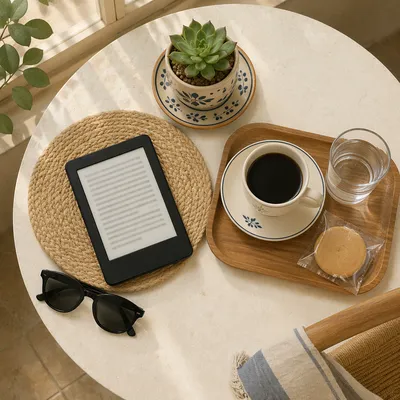 Cozy Ebook Reader Coffee Table Flat Lay