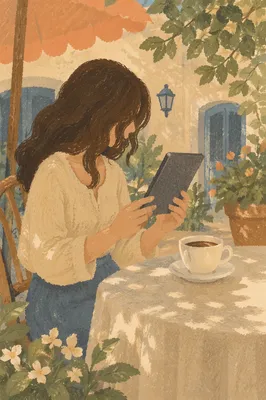 Outdoor Cafe Ebook Reader and Coffee