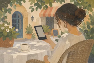 Relaxed Ebook Reading at Outdoor Café
