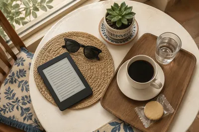 Cozy Ebook Reader Coffee Break Overhead