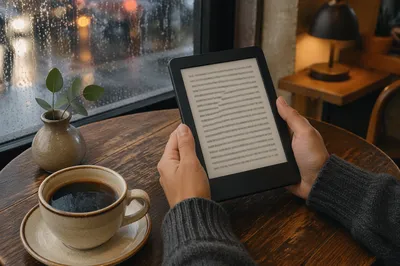 Ebook Reader and Coffee in Cozy Cafe