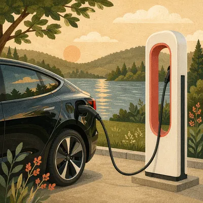 Green Electric Car Charging by Lakeside
