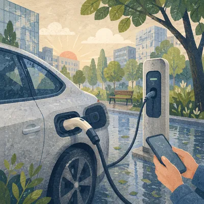 Green Electric Car Charging at Sunrise
