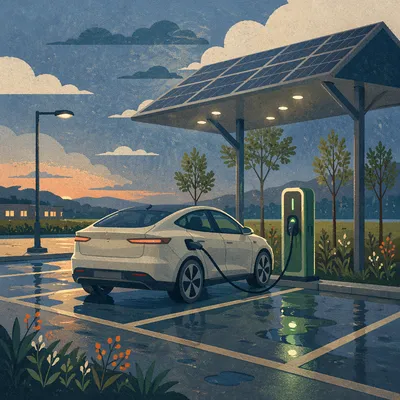 Green Electric Car Charging at Dusk