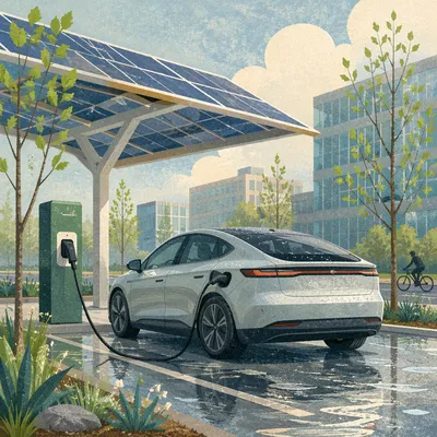 Green Electric Car Charging Under Solar Canopy