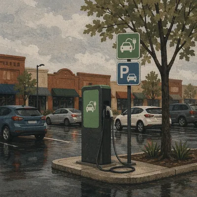 Green EV Charger on Rainy Urban Street