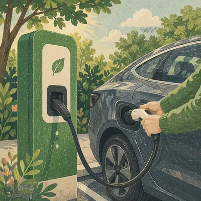 Green Electric Car Charging in Morning Light