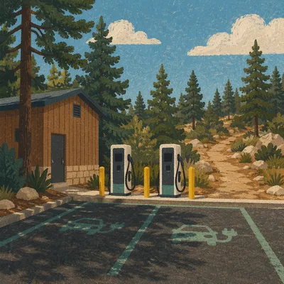 Green EV Charging Station in Wooded Park