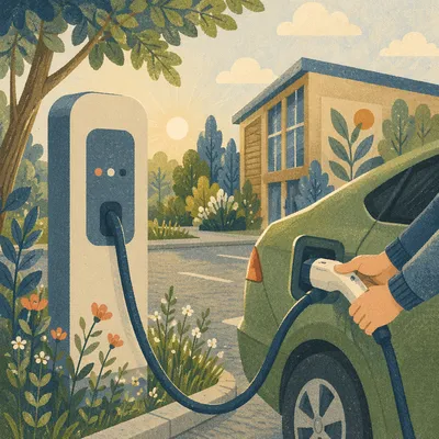 Green Electric Car Charging at Dawn