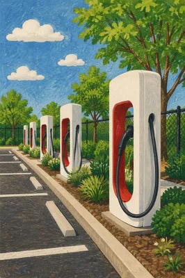 Green Electric Charging Stations in Sunny Parking Lot