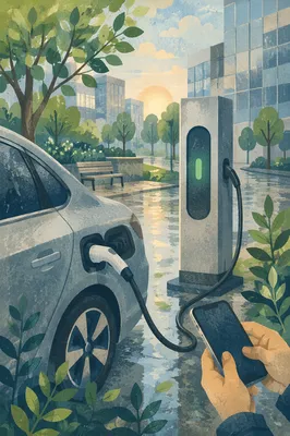 Green Electric Car Charging at Dawn