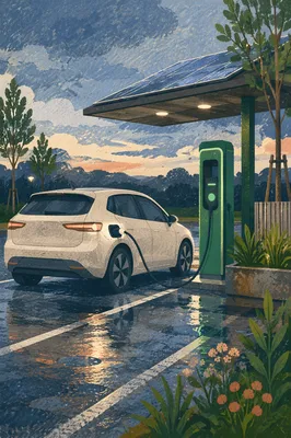 Green Electric Car Charging at Dusk