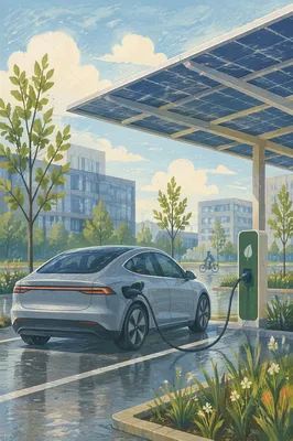 Green Electric Car Charging Under Solar Canopy