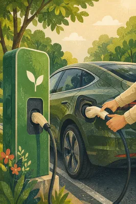 Green Electric Vehicle Charging in Morning Light