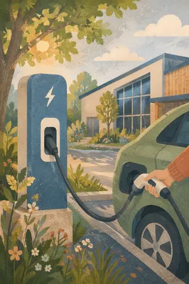 Green Electric Vehicle Charging at Dawn