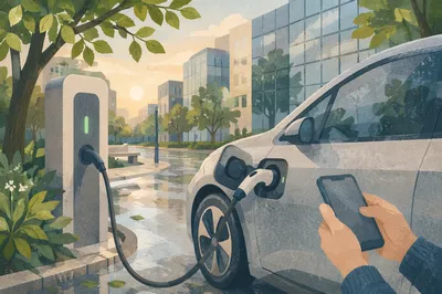 Green Electric Car Charging at Sunrise