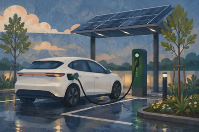 Green Electric Car Charging at Dusk