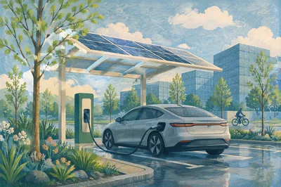Green Electric Car Charging Under Solar Canopy