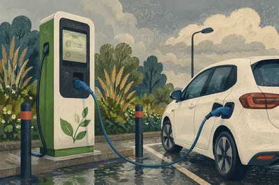 Green Electric Car Charging in Rainy Parking Bay