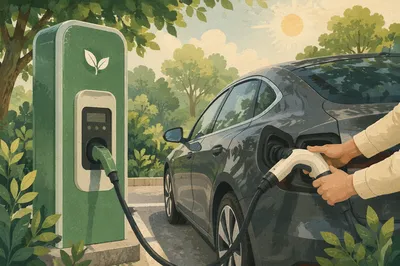 Green Electric Charging Station at Sunrise