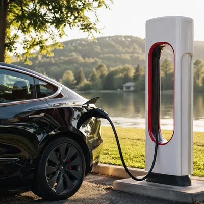 Green Electric Car Charging by Lakeside
