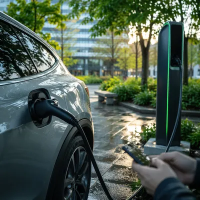 Green Electric Car Charging at Sunrise