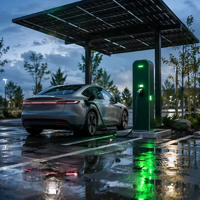 Green EV Charging Station at Dusk