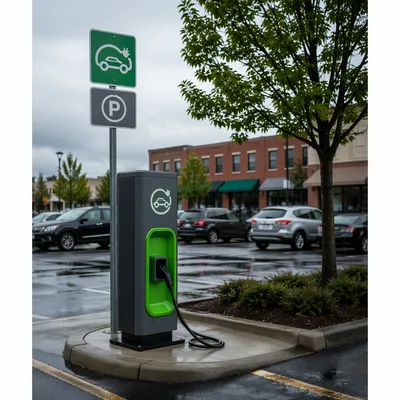 Green Electric Car Charger After Rain