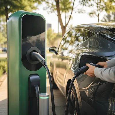 Green Electric Car Charging in Morning Light