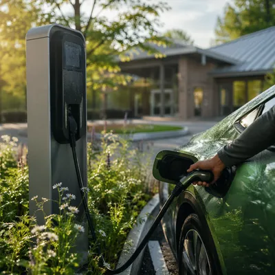 Green Electric Car Charging in Morning Light