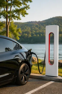 Green Electric Car Charging by Lakeside