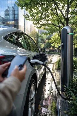 Green Electric Car Charging at Sunrise