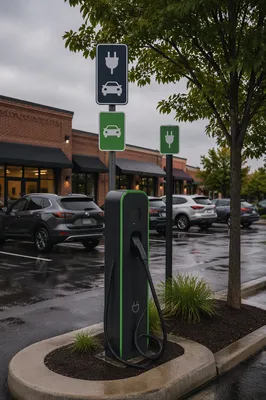 Green EV Charger in Rainy Urban Lot