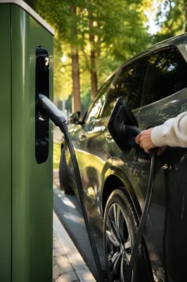 Green Electric Car Charging in Morning Light