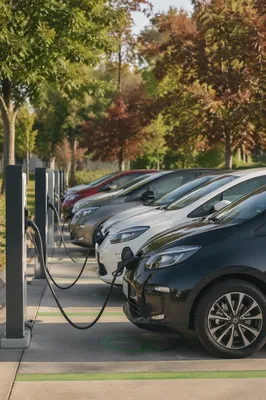 Green Electric Vehicle Charging in Sunlit Parking Lot