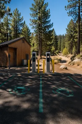 Green Electric Vehicle Chargers in Wooded Park