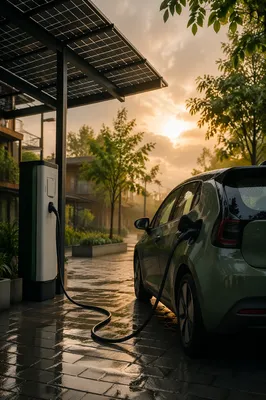 Green Electric Car Charging Under Solar Canopy