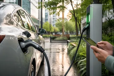 Green Electric Car Charging at Sunrise