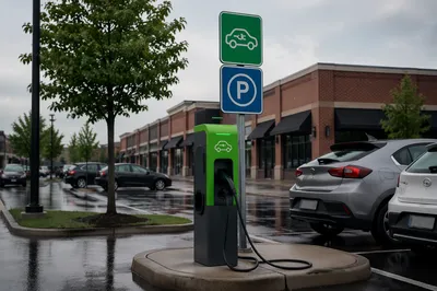 Green EV Charging Station After Rain