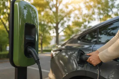 Green Electric Car Charging in Morning Light