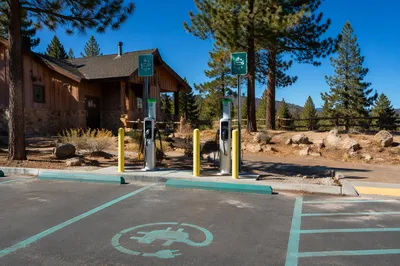 Green EV Charging Station by Wooden Lodge