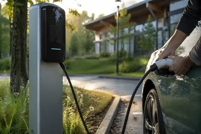 Green Electric Car Charging in Morning Light