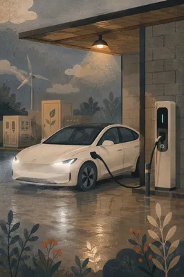 Electric Sedan Charging in Modern Green Energy Bay