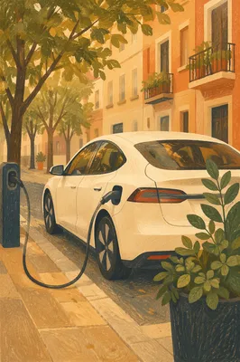 Urban Electric Car Charging at Sunset