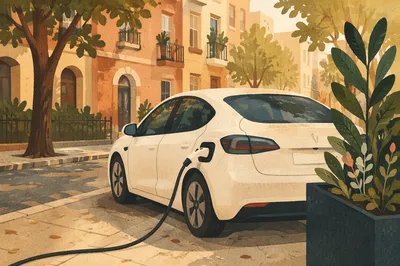 Urban Electric Car Charging at Sunset