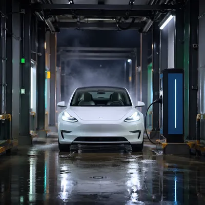 Electric Sedan Charging in Futuristic Green Bay